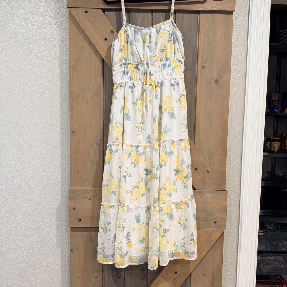 Trixxi Dress Juniors M White Yellow Floral Tiered Maxi Sundress Summer